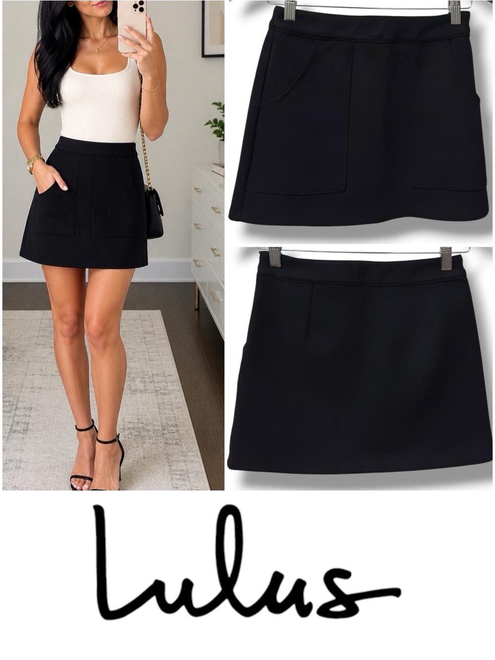 Lulu's | NWOT Black with Front Patch Pockets A-Line Mini Skirt (size S)